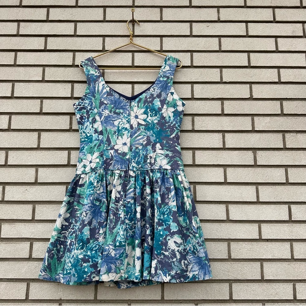 Vintage Laura Ashley Blue Floral Drop Waist Dress 80s 90s White Teal Sleeveless - Picture 7 of 10